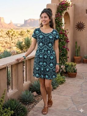 Forever 21 Black Dress with Teal Geometric Print open back design like new !